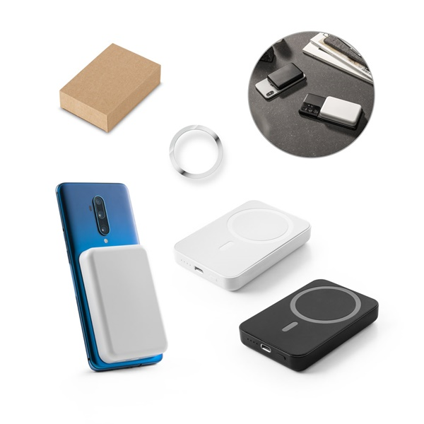 AMPERE 5. Power bank magnético de 5'000 mAh con cargador inalámbrico superrápido de 15W en ABS recic