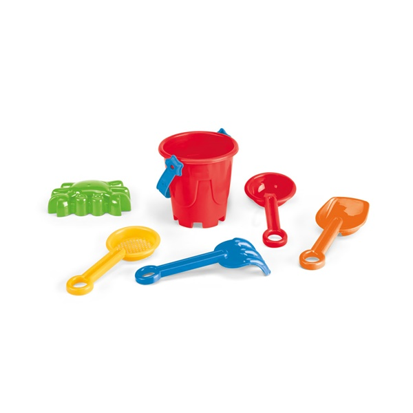 VALLARTA. Cubo de playa PP con 5 accesorios: 3 palas, 1 rastrillo, 1 pez o 1 cangrejo