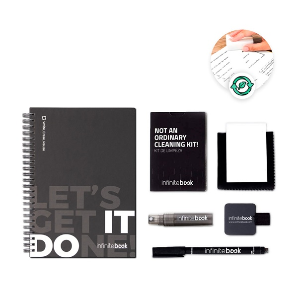 STARTER KIT INFINITEBOOK. Kit «Infinitebook» con tapa dura, 1 kit de limpieza, 1 rotulador y 1 sopor