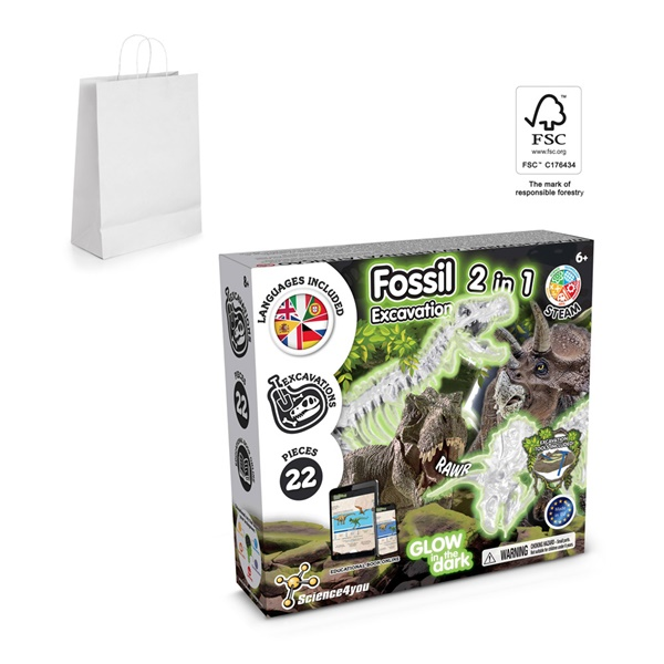2 in 1 Fossil Excavation Kit II. Juego educativo suministrado con una bolsa de regalo de papel kraft
